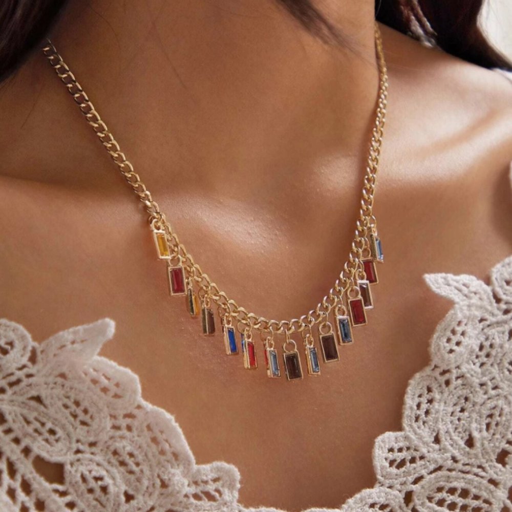 5 for $25 Multi Color Crystal Charm Gold Necklace - Picture 1 of 5